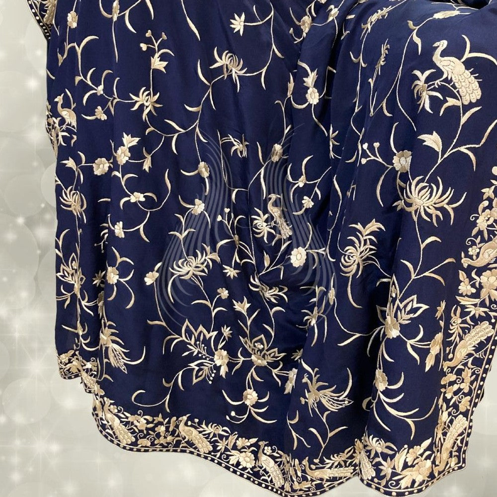 Navy Blue Crepe Chrysanthemum & Peacock (G105)