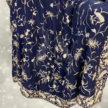 Navy Blue Crepe Chrysanthemum & Peacock (G105)