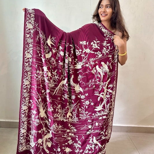 Maroon Crepe Birds in Khakha Stitch (G118)