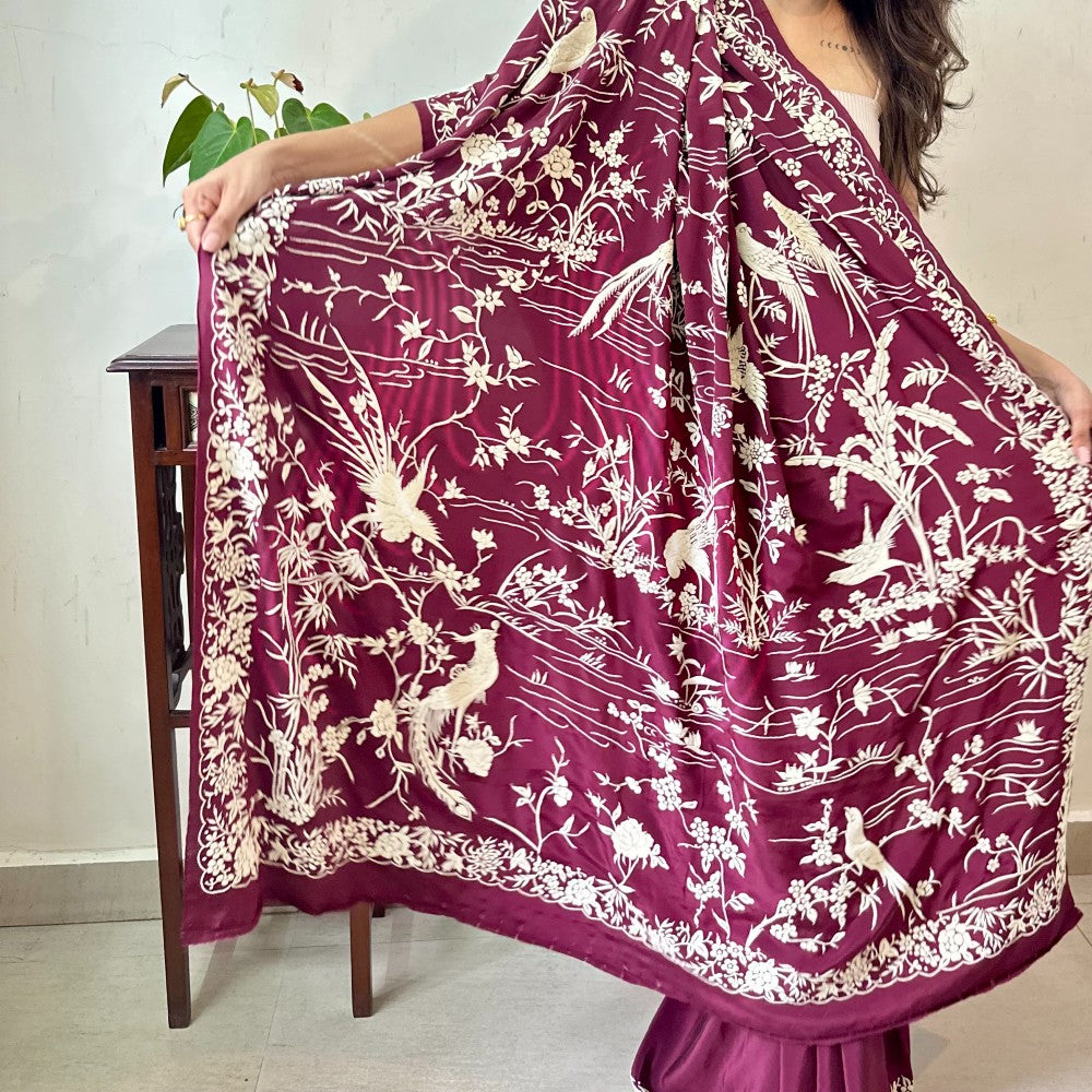 Maroon Crepe Birds in Khakha Stitch (G118)