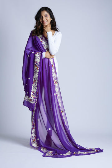 Purple Colour Border and Flower Buttis Dupatta