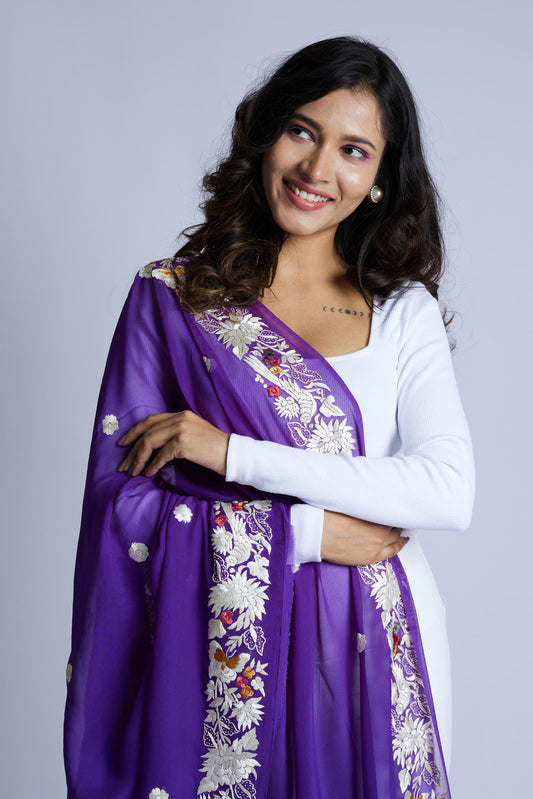 Purple Colour Border and Flower Buttis Dupatta