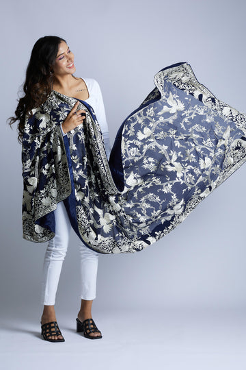 Midnight Blue Vines and Birds All Over Dupatta