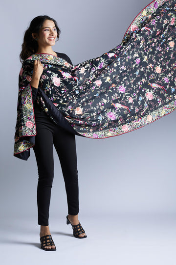 Black Flowers and Birds All Over Dupatta