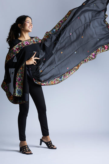 Black Colour Border and Flower Buttis Dupatta