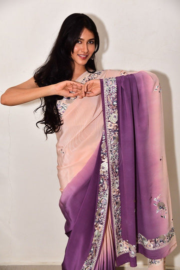 Peach & Mauve Ombre Crepe Peacock & Simurg (G111)